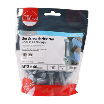 TIMCO Set Screw & Hex Nut - BZP M12 x 40 Silver Pack 20