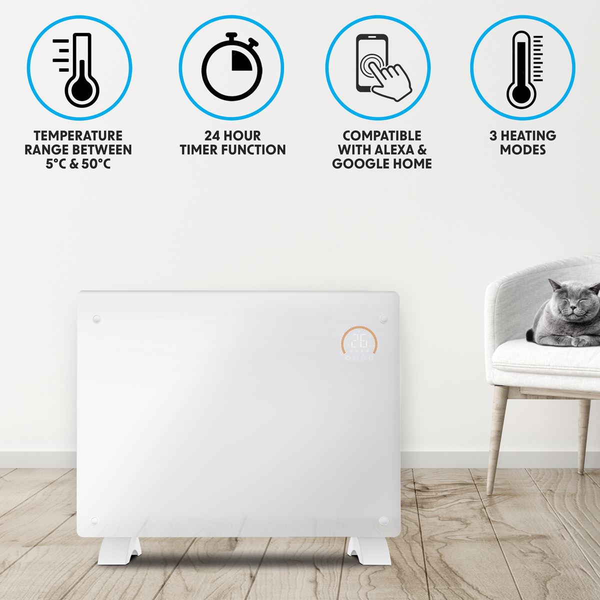 Baridi DH138 Electric Glass Panel Heater, 1500W, Thermostat Controlled 24Hr 7 Day Timer, Wi-Fi Enabled, Remote Control, White | 230V 50Hz