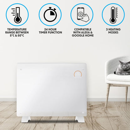 Baridi DH138 Electric Glass Panel Heater, 1500W, Thermostat Controlled 24Hr 7 Day Timer, Wi-Fi Enabled, Remote Control, White | 230V 50Hz