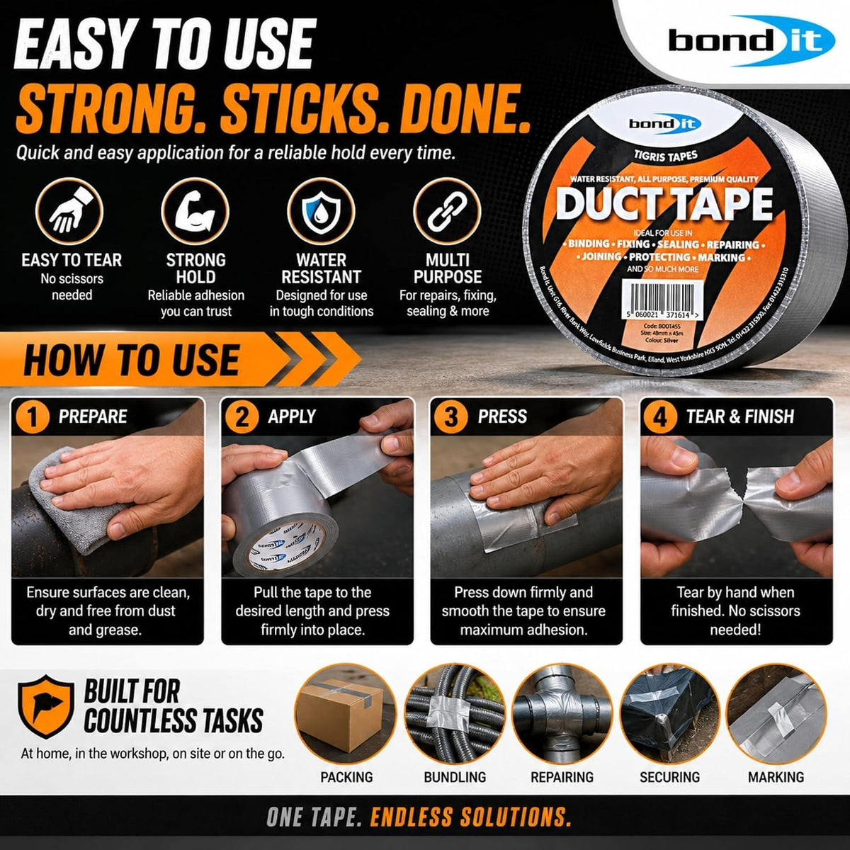Bond It Duct Tape 48mm x 45m Heavy Duty Water Resistant Black Silver Gaffer Cloth Repair Sealing Tape