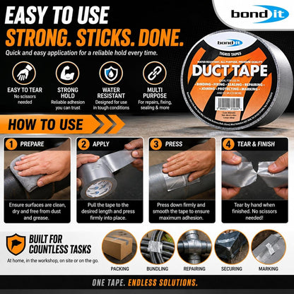 Bond It Duct Tape 48mm x 45m Heavy Duty Water Resistant Black Silver Gaffer Cloth Repair Sealing Tape