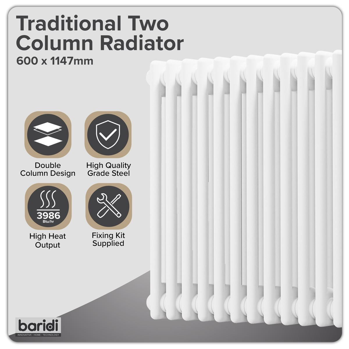 Baridi DH370 Horizontal Traditional 2 Column Radiator 600 x 1147mm - White | Steel | Horizontal traditional two column radiator delivers a BTU output