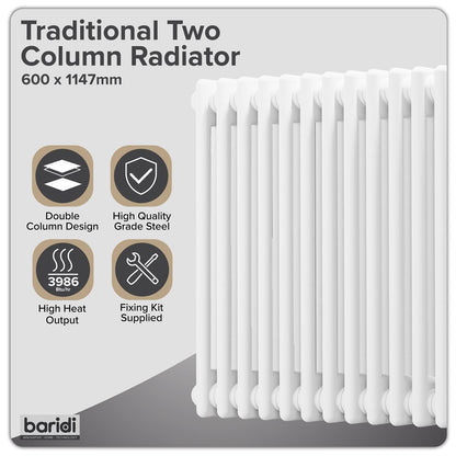 Baridi DH370 Horizontal Traditional 2 Column Radiator 600 x 1147mm - White | Steel | Horizontal traditional two column radiator delivers a BTU output