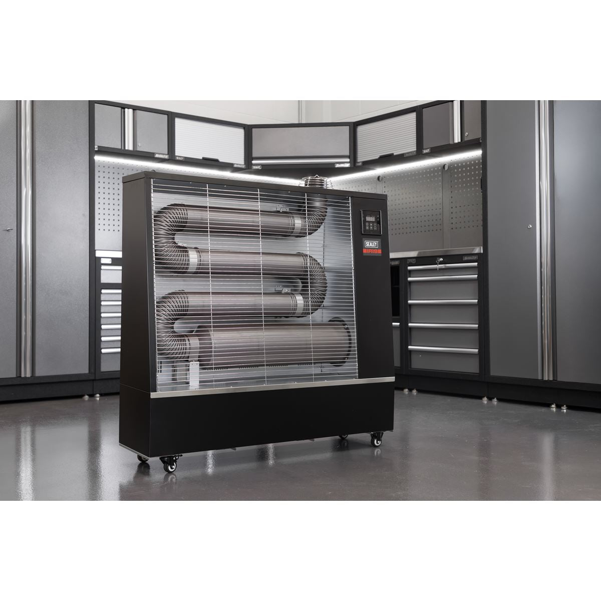 Sealey IR19 Industrial Infrared Diesel Heater 19kW | 64,000Btu/hr(19kW), 80W, 230V~50Hz, Thermostat, Timer, Wheels, Overheat Protection