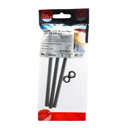 TIMCO Carriage Bolt & Hex Nut -A2 SS M8 x 130 Pack 3