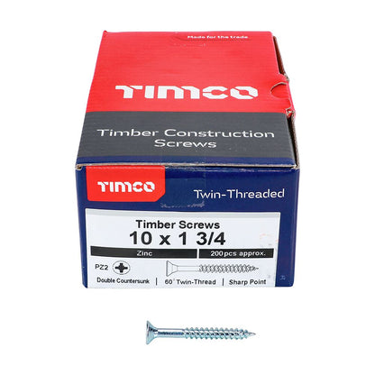 TIMCO Twin Woodscrew PZ2 CSK Zinc 10 x 1 3/4 Silver Pack 200