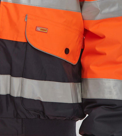 Beeswift Europa Two Tone Hi Vis Bomber Jacket Sizes S to 6XL with Removable Sleeves Detachable Fleece Liner Hood and Reflective Tape