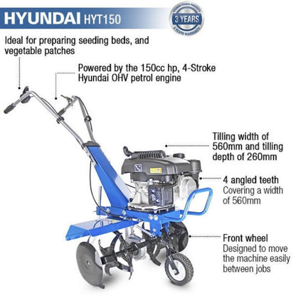 Hyundai HYT150 Petrol Garden Tiller 2.7kW 150cc 4-Stroke Cultivator Rotavator Soil Cultivator Rotavator