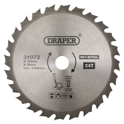 Draper TCT SAW BLADE 255MM 24T MULTI 31072 TCT Multi-Purpose Circular Saw Blade, 255 x 30mm