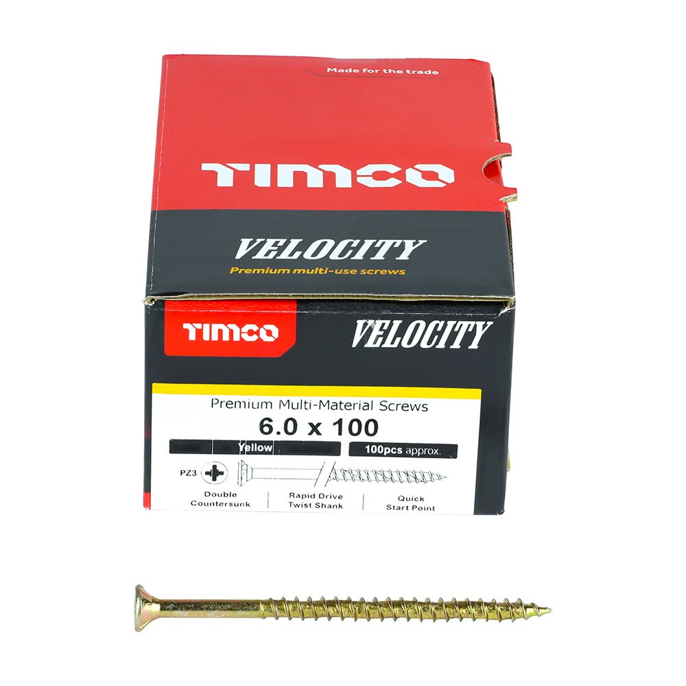 TIMCO Velocity Screw PZ3 CSK ZYP 6.0 x 100 Gold Pack 100