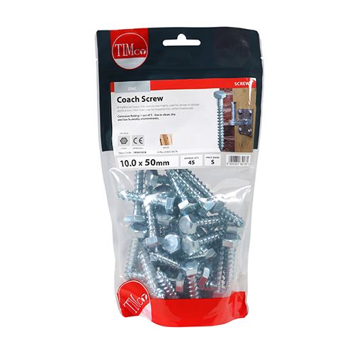 TIMCO Coach Screws Hex Head Silver  - 10.0 x 50 TIMbag OF 45 - 1050CSCB