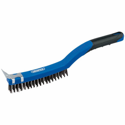 17179 Draper 3 Row Carbon Steel Wire Scratch Brush with Scraper, 350mm WBSC14 Wire Brushes Professional Trade DIY Workshop Garage Use