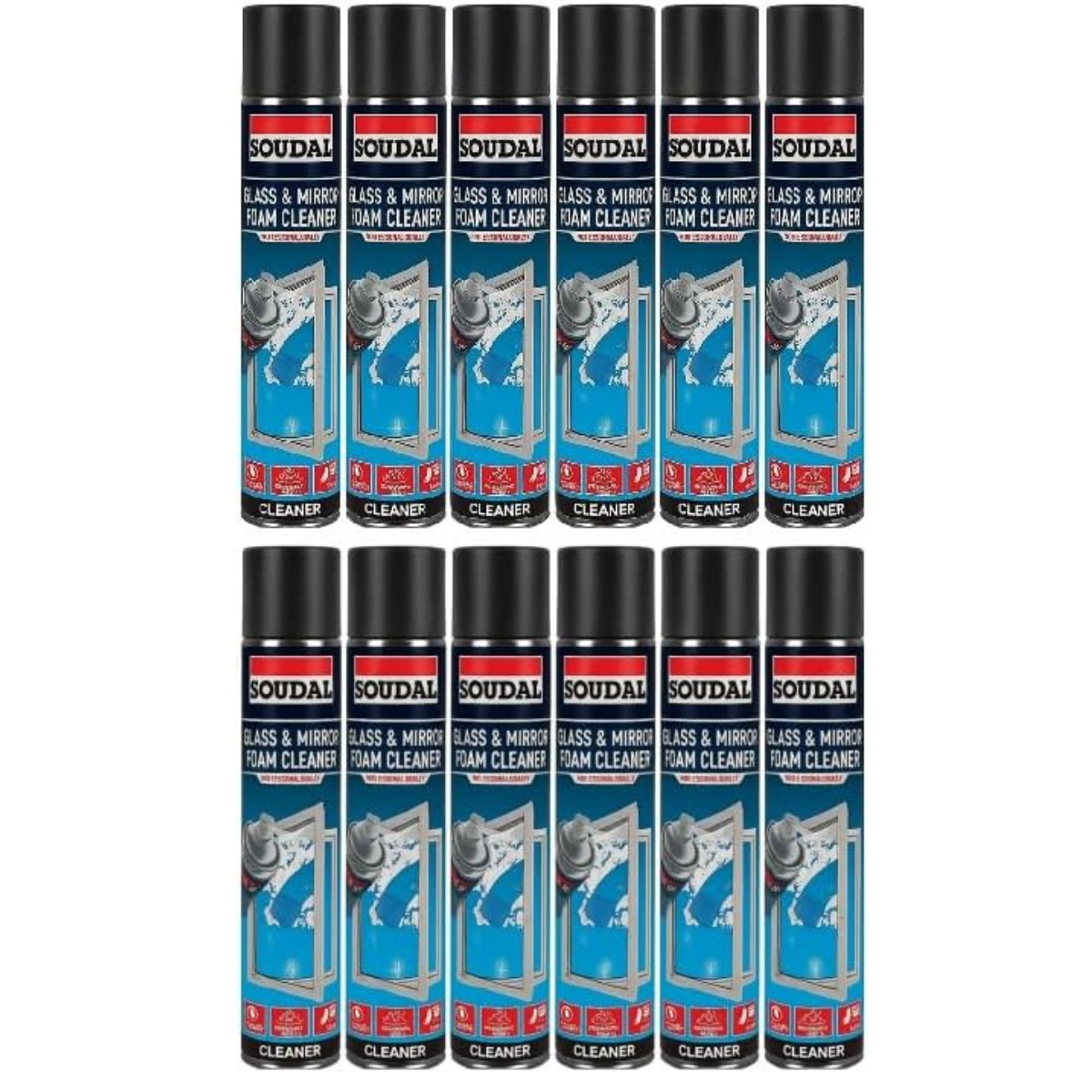 12 x Soudal Glass & Mirror Foam Cleaner Aerosol Spray 750ml Streak Free