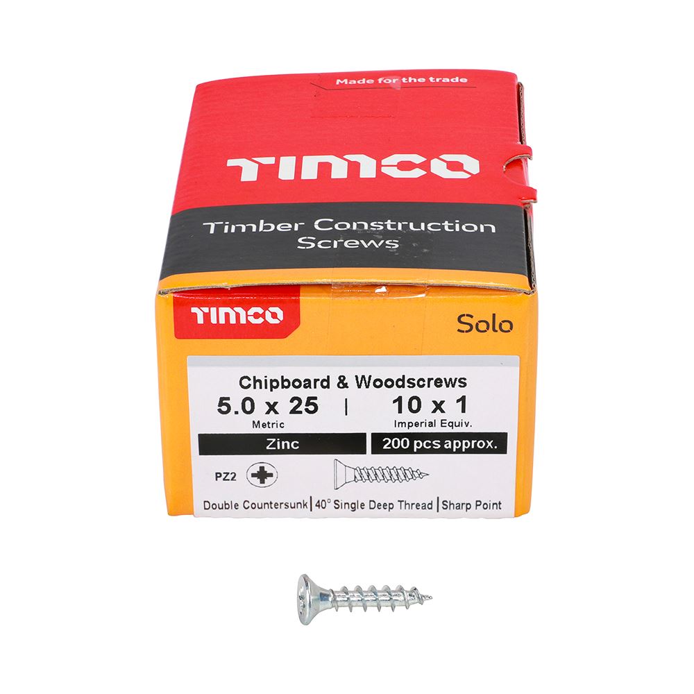 TIMCO Solo Woodscrew PZ2 CSK Zinc 5.0 x 25 Silver Pack 200