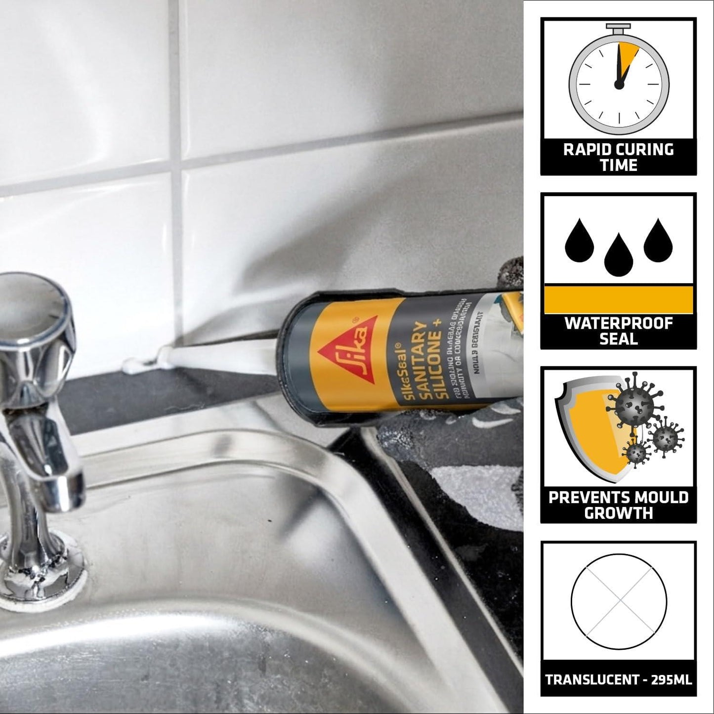 SikaSeal Sanitary Silicone Plus 295ml – Waterproof Bathroom, Kitchen, Bath & Shower Sealant – White or Translucent