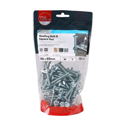TIMCO Roofing Bolt & SQ Nut - BZP M6 x 60 Silver Pack 80