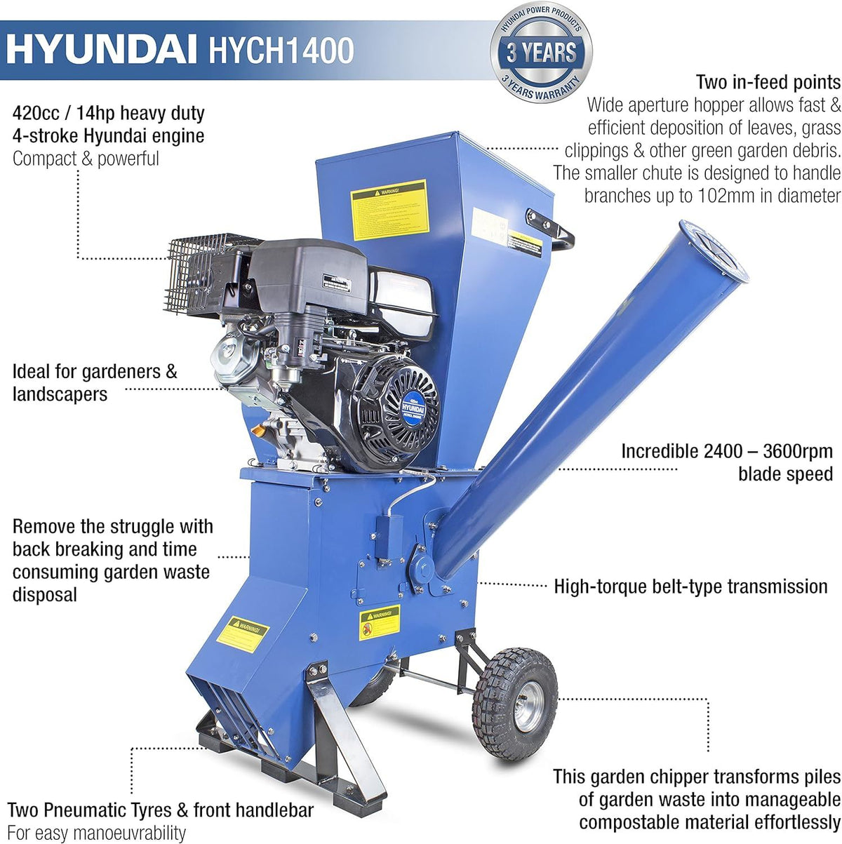 Hyundai HYCH1400 Petrol Wood Chipper 420cc 102mm 4-Stroke Garden Shredder Mulcher Garden Shredder Mulcher