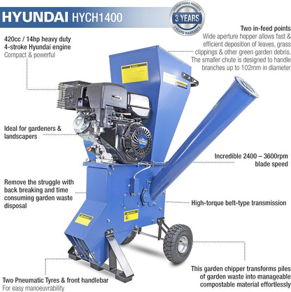Hyundai HYCH1400 Petrol Wood Chipper 420cc 102mm 4-Stroke Garden Shredder Mulcher Garden Shredder Mulcher