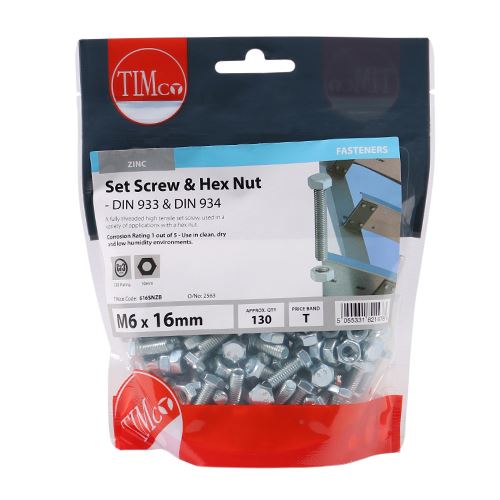 TIMCO Set Screw & Hex Nut - BZP M6 x 16 Silver Pack 130