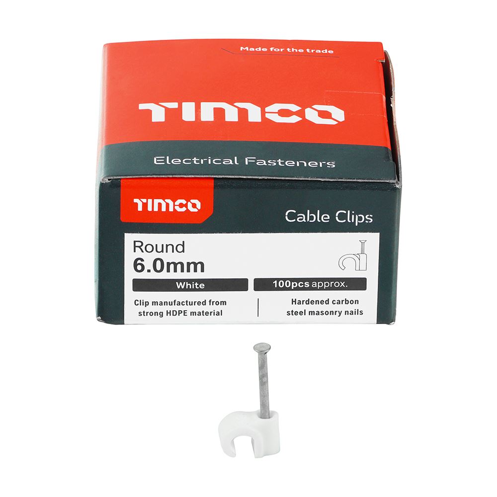 TIMCO Round Cable Clip White To fit 6.0mm White Pack 100