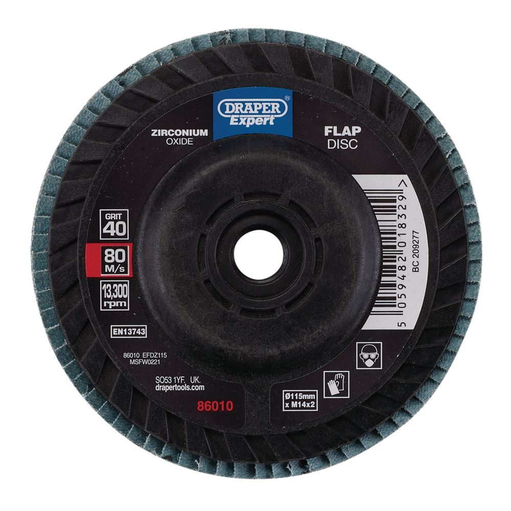 86010 Draper Expert Expert Zirconium Oxide Flap Disc, 115mm, M14, 40 Grit EFDZ115 Disc Flaps Professional Trade DIY Workshop Garage Use