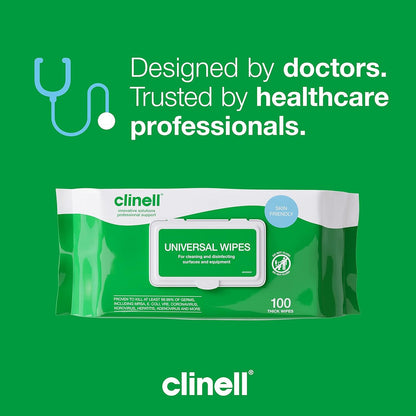 Clinell Universal Wipes White Pack of 100 Antibacterial Cleaning and Disinfectant Wipes for Hands Surfaces Equipment Healthcare Workplace and Home Use