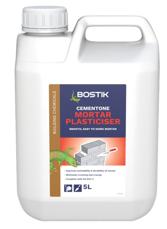 Bostik Mortar Plasticiser 5L Liquid Cement Admixture for Bricklaying Blockwork Rendering Improves Workability Durability Frost Resistance