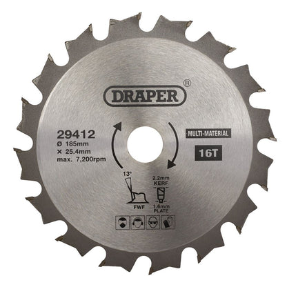 Draper TCT SAW BLADE 185MM 16T MULTI 29412 TCT Multi-Purpose Circular Saw Blade, 185 x 25.4mm