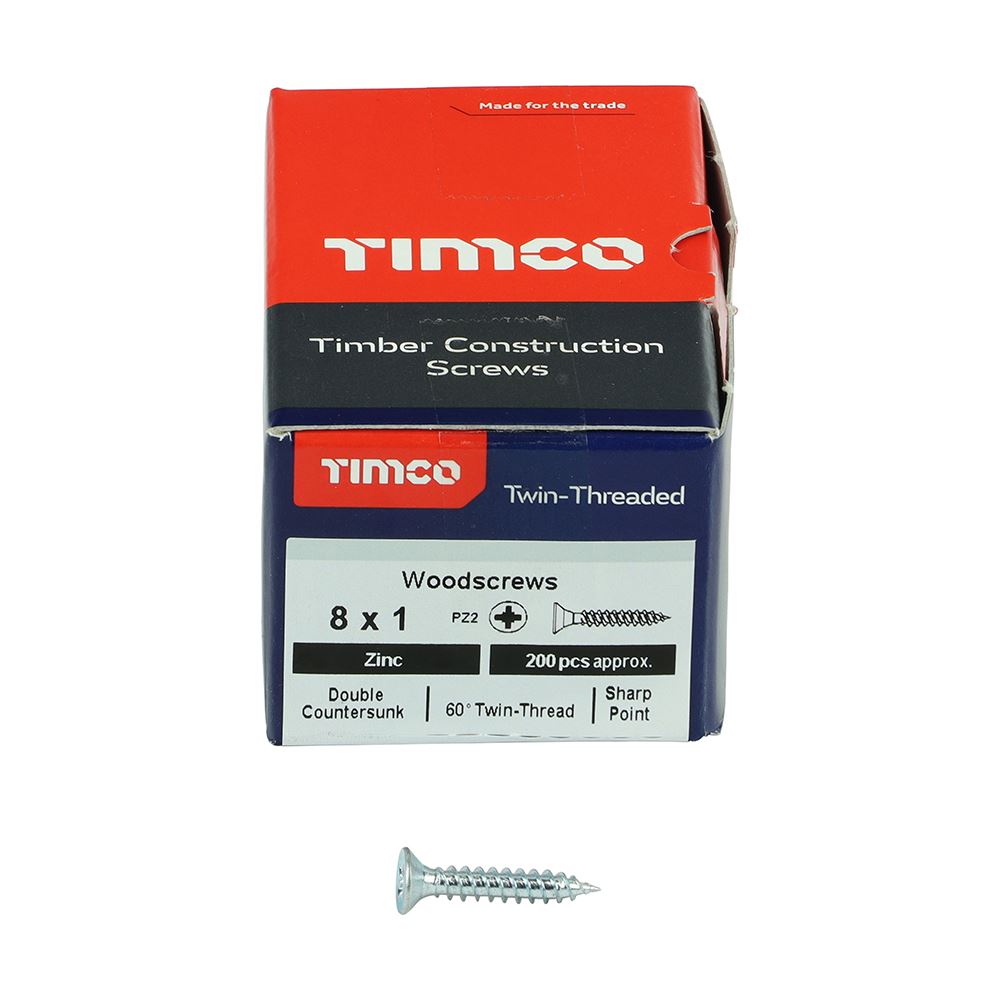 TIMCO Twin Woodscrew PZ2 CSK Zinc 8 x 1 Silver Pack 200