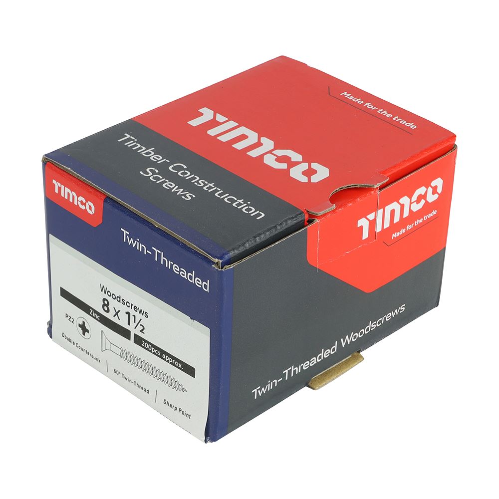 TIMCO Twin Woodscrew PZ2 CSK Zinc 8 x 1 1/2 Silver Pack 200