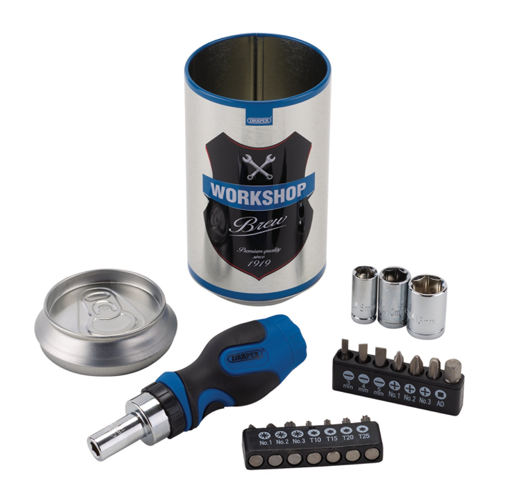 Draper 18PC SCREWDRIVER BIT SET - CAN 99413 99413 Stubby Ratchet Screwdriver and Bit Set, Special Edition - Workshop Brew (18 Piece)