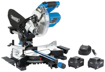 Draper D20 20V COMP. MITRE SAW (12V) 99631 D20 20V Brushless 185mm Sliding Compound Mitre Saw Kit (+2 x 5Ah Batteries and 12V Charger)