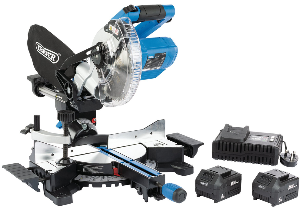 Draper D20 20V COMP. MITRE SAW (QC) 99632 D20 20V Brushless 185mm Sliding Compound Mitre Saw Kit (+2 x 5Ah Batteries and Charger)