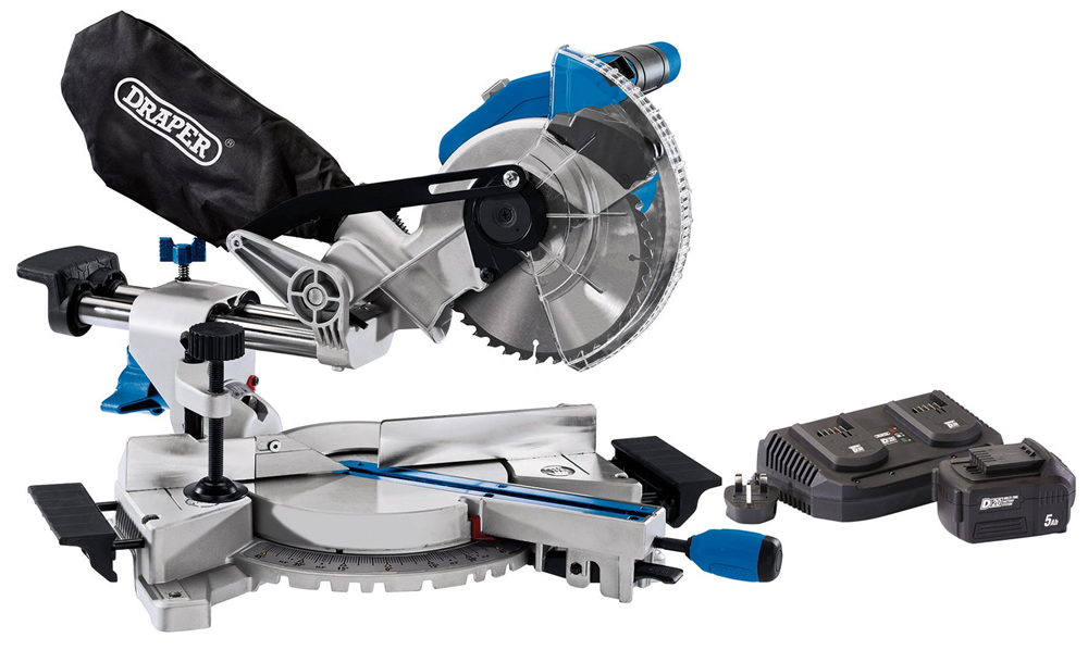 Draper D20 20V COMP. MITRE SAW (QC) 99970 D20 20V Brushless 185mm Sliding Compound Mitre Saw with 5Ah Battery And Twin Charger
