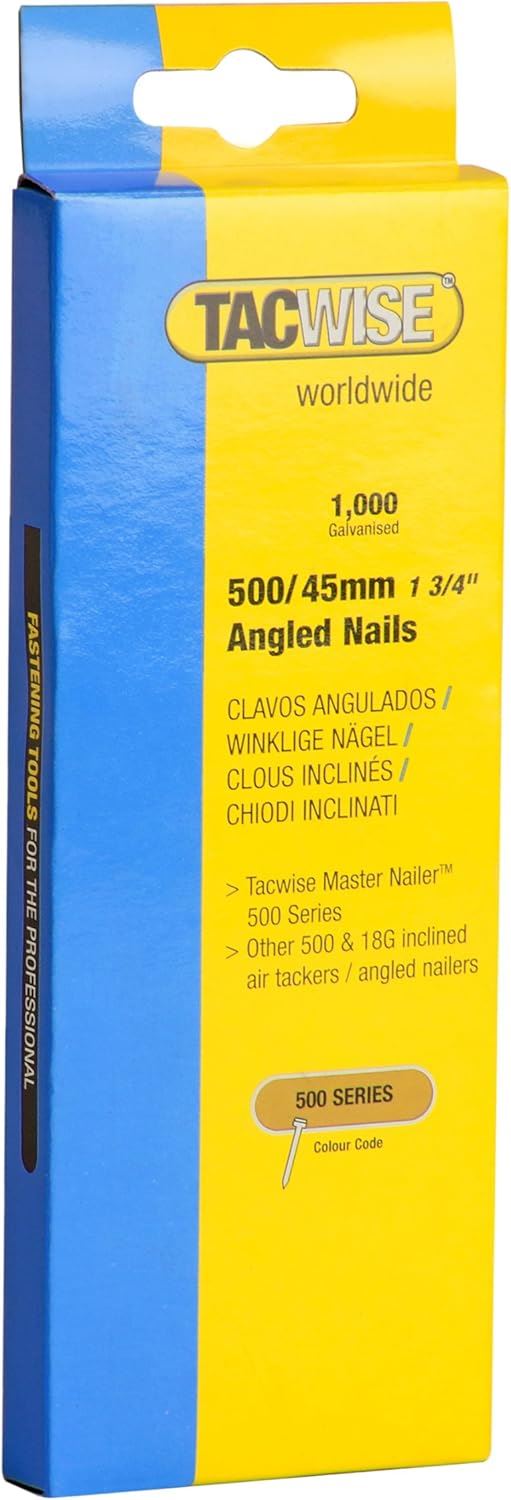 Tacwise 0484 Type 500 18G 45mm Galvanised Angled Brad Nails 26 Degree Nail Gun Fixings Pack of 1000 for Joinery Trim Skirting & Architrave