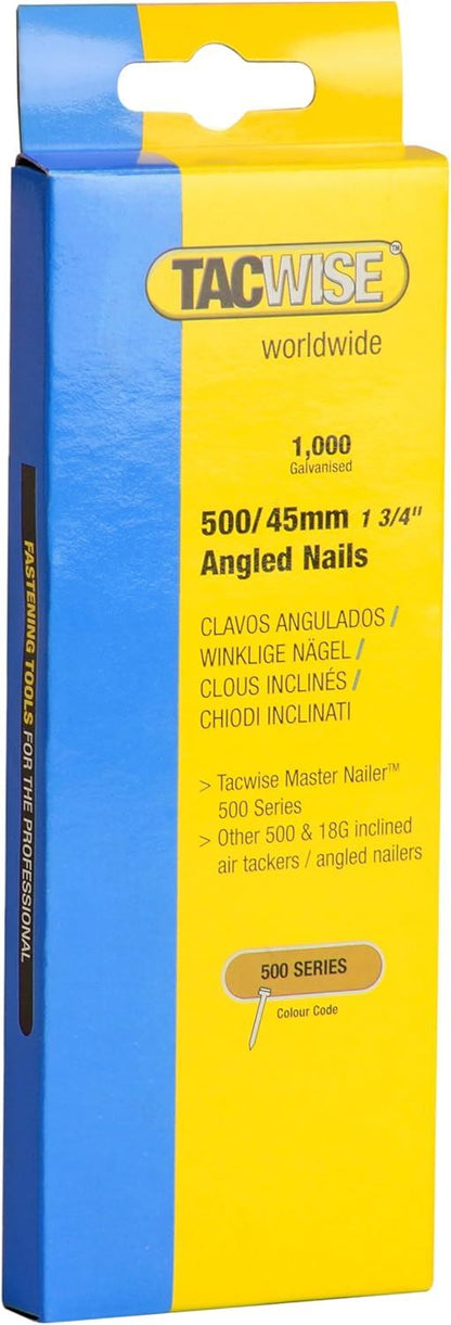 Tacwise 0484 Type 500 18G 45mm Galvanised Angled Brad Nails 26 Degree Nail Gun Fixings Pack of 1000 for Joinery Trim Skirting & Architrave
