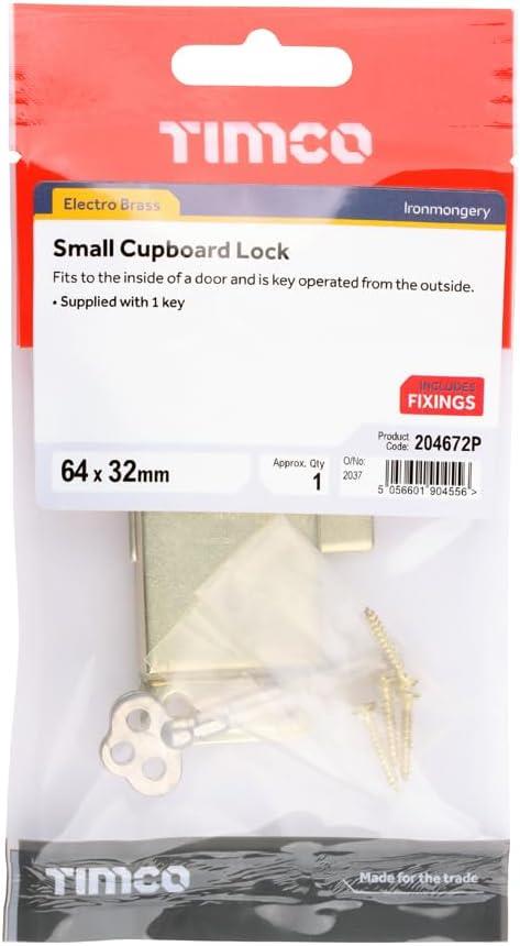 TIMCO 204672P Small Cupboard Lock 64 x 32mm Electro Brass Key Operated Cabinet Door Lock with Keys and Fixings