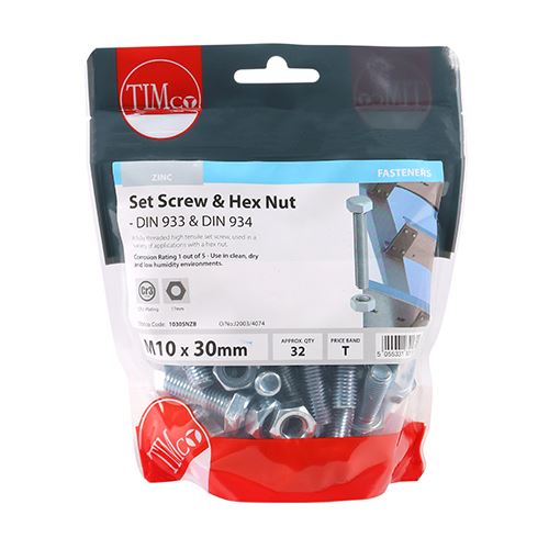 TIMCO Set Screw & Hex Nut - BZP M10 x 30 Silver Pack 32