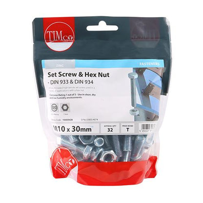 TIMCO Set Screw & Hex Nut - BZP M10 x 30 Silver Pack 32