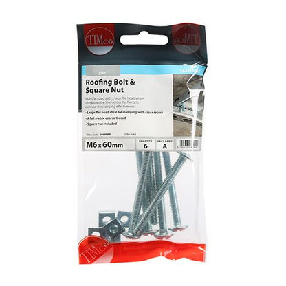 TIMCO Roofing Bolt & SQ Nut - BZP M6 x 60 Silver Pack 6