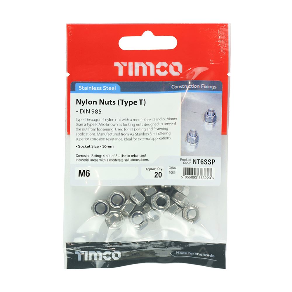 TIMCO T Nylon Nut DIN 985 - A2 SS M6 Pack 20