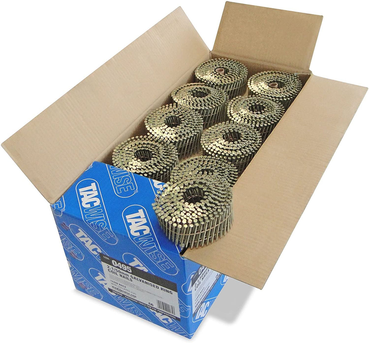 Tacwise 0495 Type 2.1 50 mm Coil Nails Galvanised Flat Top 16° Pack of 14400 for Nail Staple Guns Trade Fixing