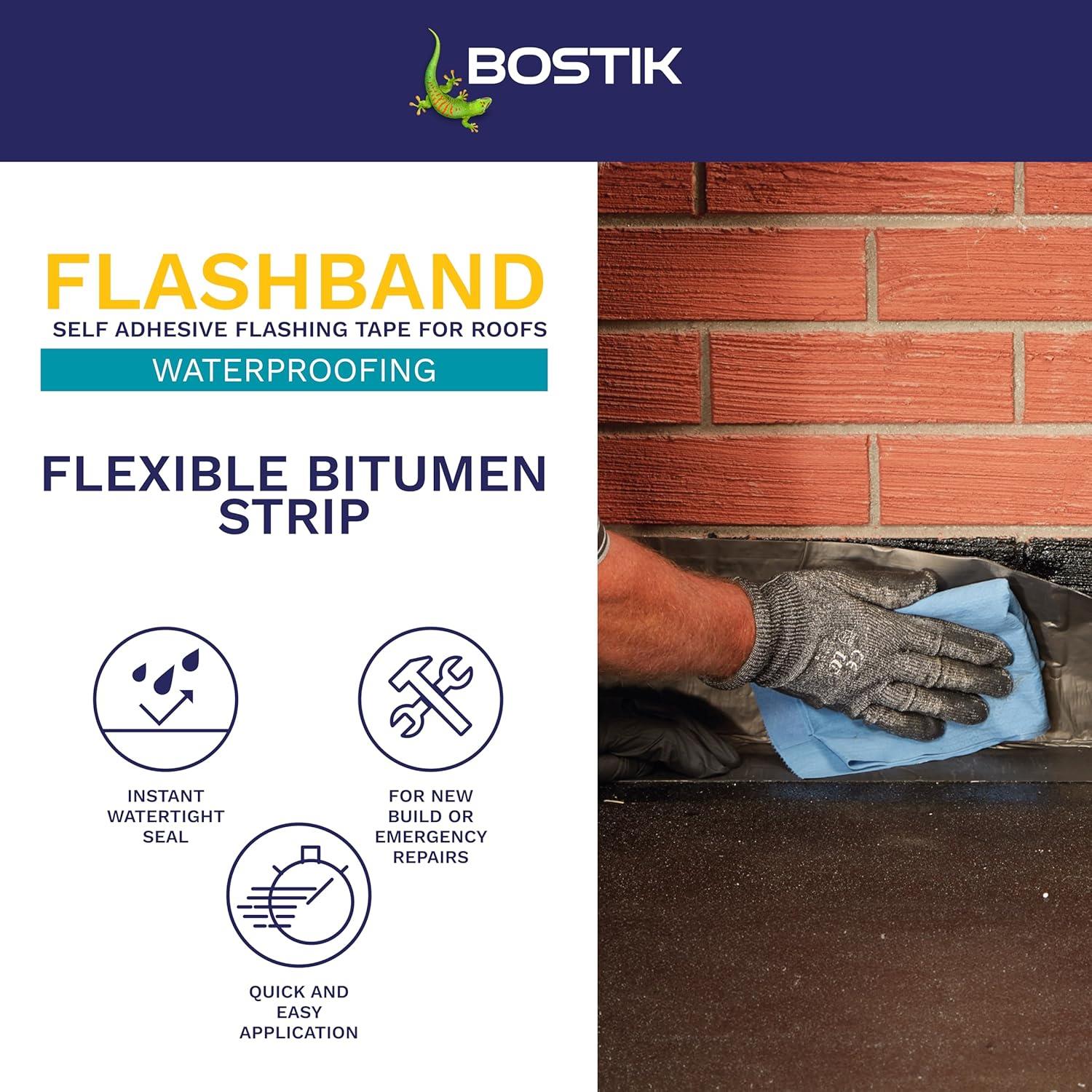 Bostik Flashband Self Adhesive Flashing Tape for Roofs, Provides an Instant Watertight Seal, Colour: Grey, 100mm x 10m