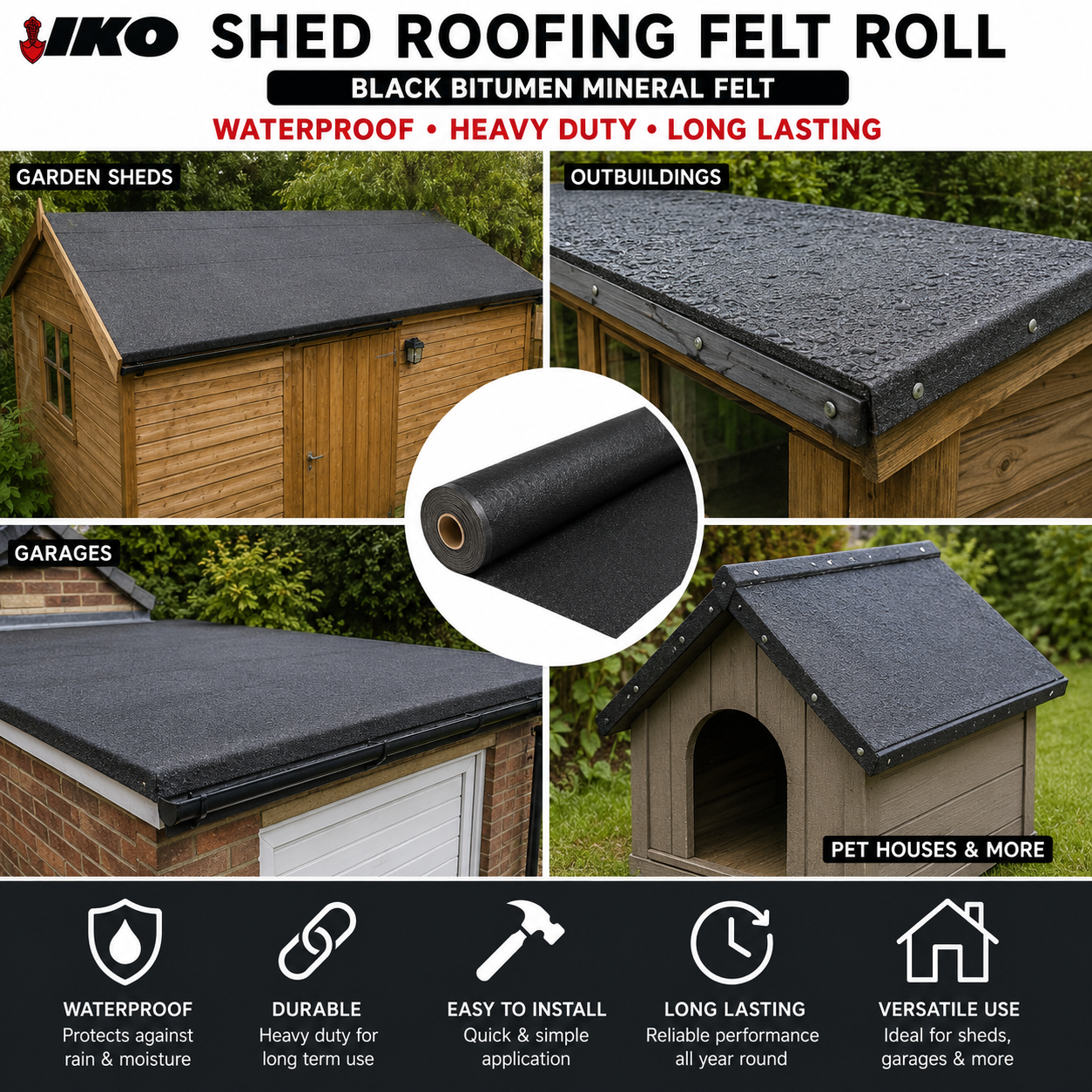 IKO Shed Roofing Felt Roll Black Green Waterproof Bitumen Mineral Roof Felt Heavy Duty for Garden Sheds Garages Outbuildings Kennels and Timber Buildings