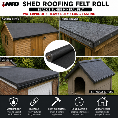 IKO Shed Roofing Felt Roll Black Green Waterproof Bitumen Mineral Roof Felt Heavy Duty for Garden Sheds Garages Outbuildings Kennels and Timber Buildings