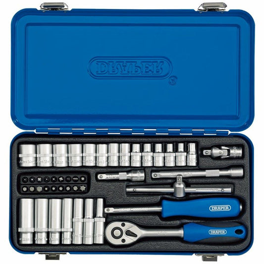 16365 Draper Metric Socket Set in Metal Case, 1/4 Sq. Dr. (45 Piece) BD45M/MT Satin Chrome Socket Sets Professional Trade DIY Workshop Garage Use