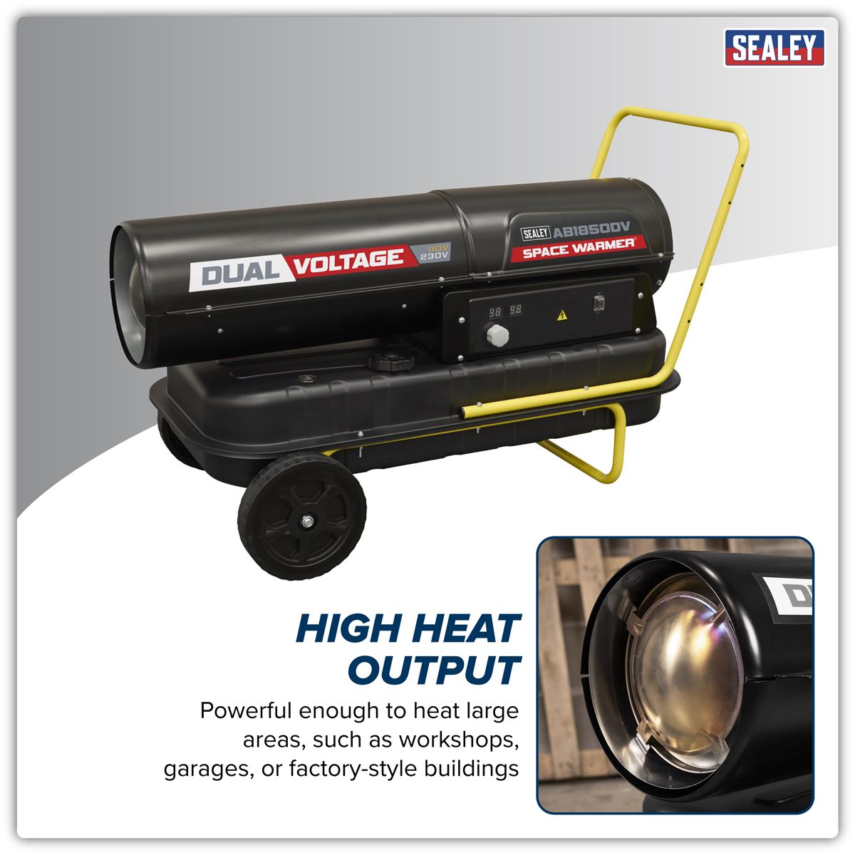 Sealey AB1850DV Dual Voltage Space Warmer Kerosene/Diesel Heater with Wheels 185,000Btu/hr(55kW) | 230V ~ 50Hz or 110V ~ 50Hz, Thermostat, Wheels