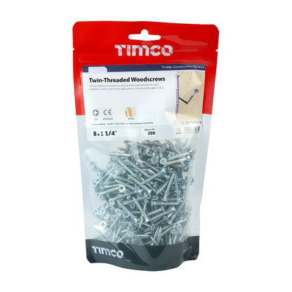 TIMCO Twin Woodscrew PZ2 CSK - BZP 8 x 1 1/4 Silver Pack 390