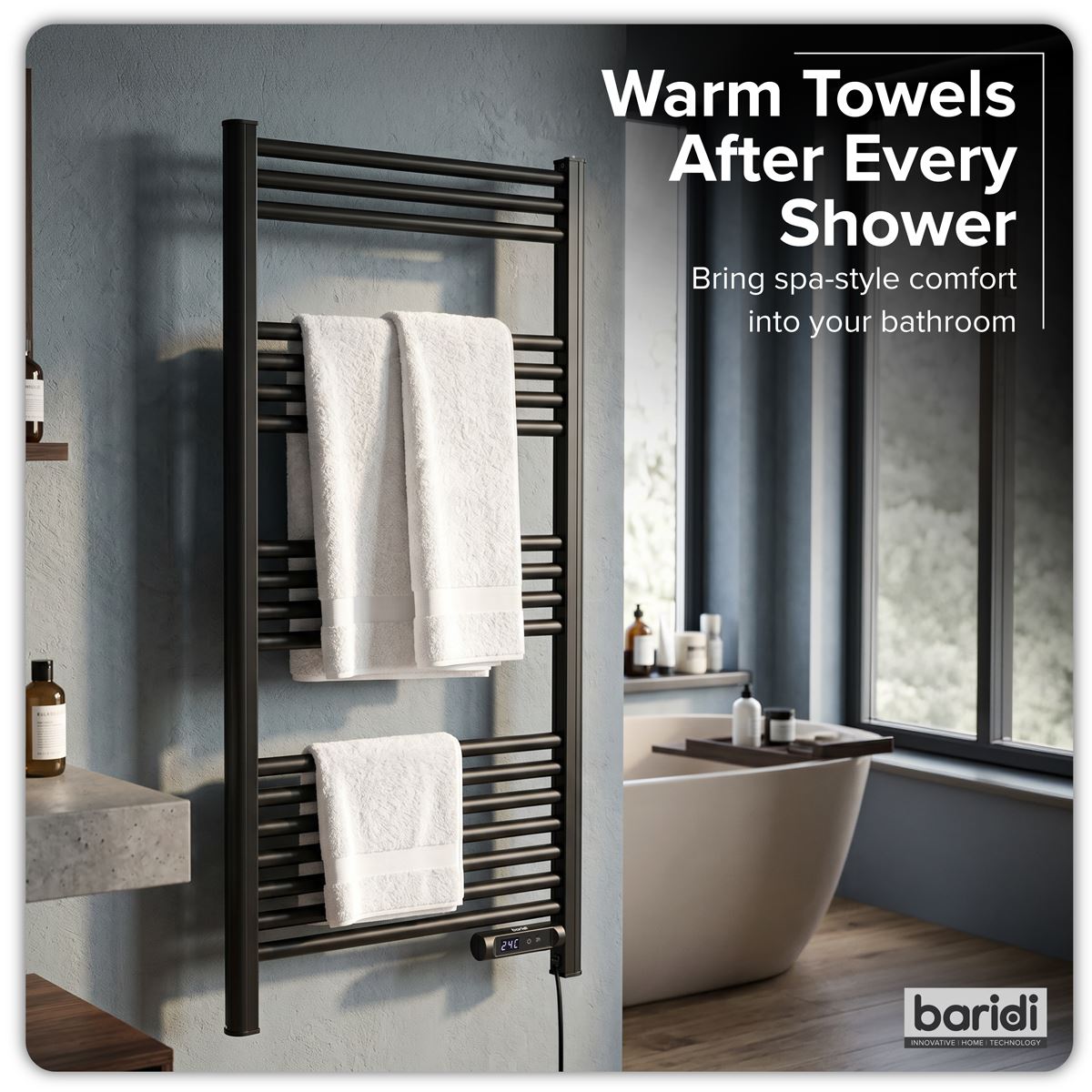 Baridi DH371 Electric Heated Towel Rail 1085 x 535mm with LED Display - Black | 425W, 230V - 50HZ, Overheat Protection | LED temperature display.