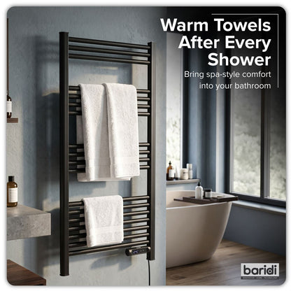 Baridi DH371 Electric Heated Towel Rail 1085 x 535mm with LED Display - Black | 425W, 230V - 50HZ, Overheat Protection | LED temperature display.